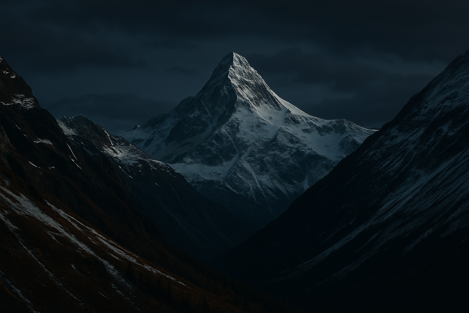 Snow-covered mountain peak under moody dark sky, framed by steep shadowy ridges.