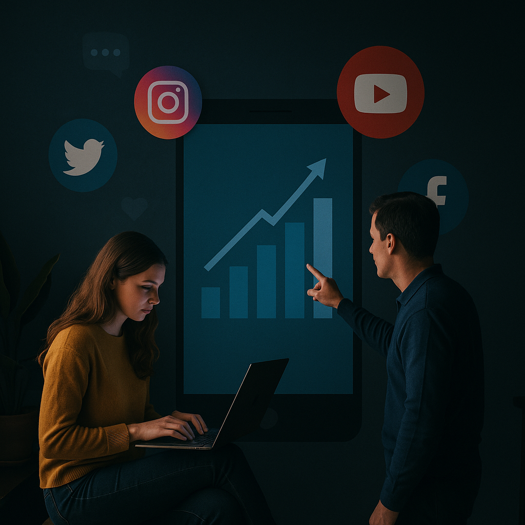 A cinematic photo of a woman using a laptop and a man pointing at a digital graph on a large smartphone screen, surrounded by floating social media icons like Instagram, YouTube, Twitter, LinkedIn, and Facebook, set against a dark, modern backdrop.