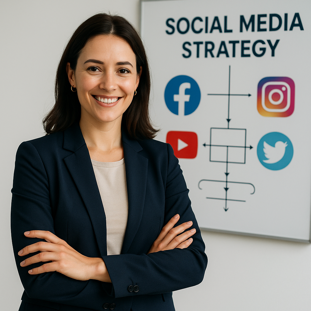 A confident woman with folded arms smiles at the camera while standing in front of a whiteboard labeled “SOCIAL MEDIA STRATEGY,” featuring icons of Facebook, Instagram, YouTube, and Twitter.