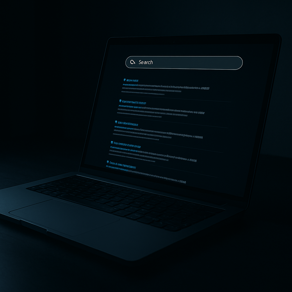 A cinematic photo of a laptop in a dark room with a glowing search bar and a list of website results on a dark-themed interface.