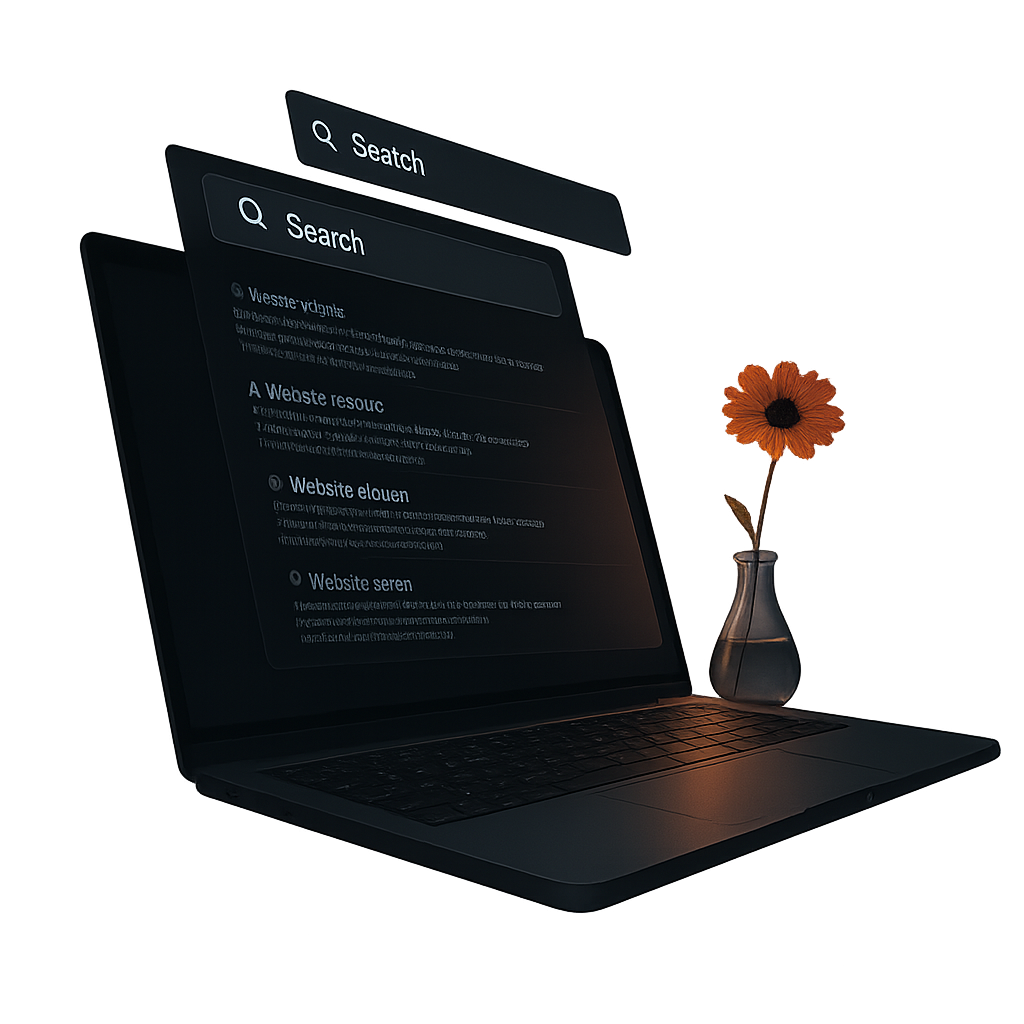 A cinematic image of a dark-themed laptop with search results popping out like a 3D parallax effect, alongside a glowing orange flower in a glass flask, set against a transparent background.