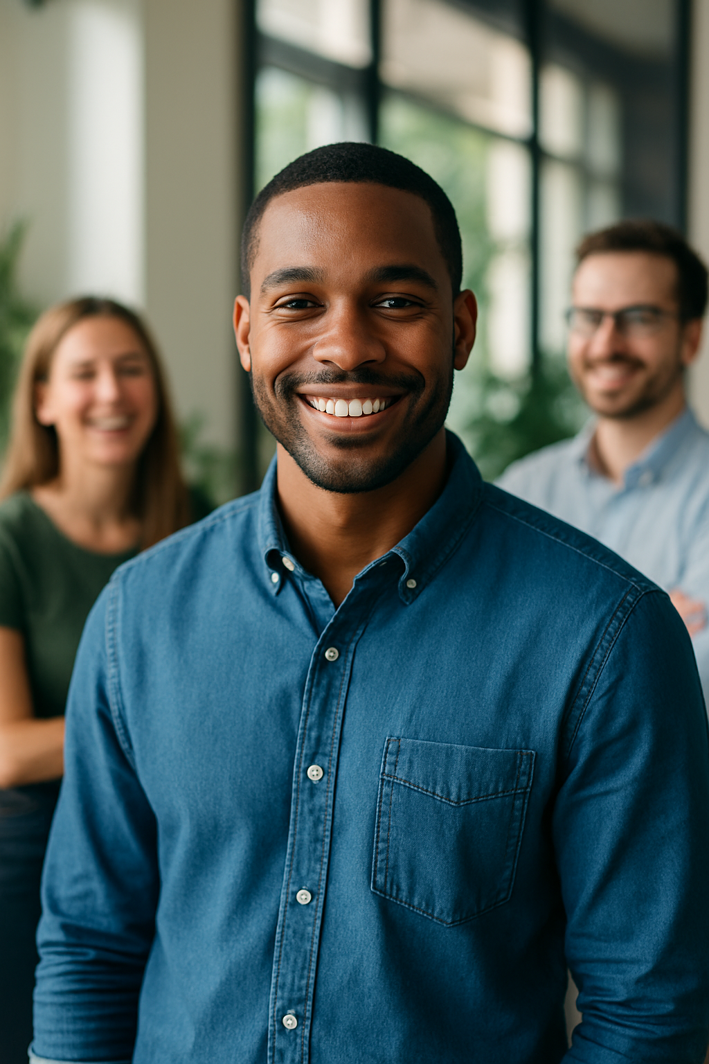 A smiling young African-American man in a denim shirt stands confidently in a modern office, with two cheerful colleagues in the background.