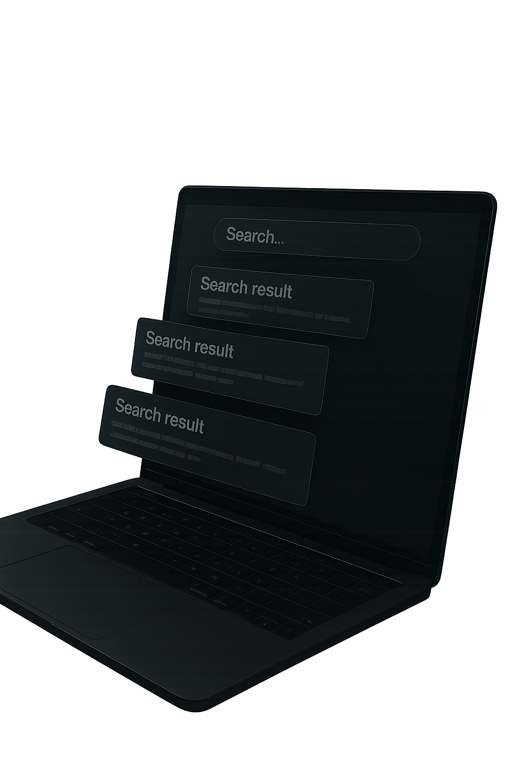 A realistic, cinematic portrait of a dark-themed laptop with search results floating out of the screen, set against a transparent background.