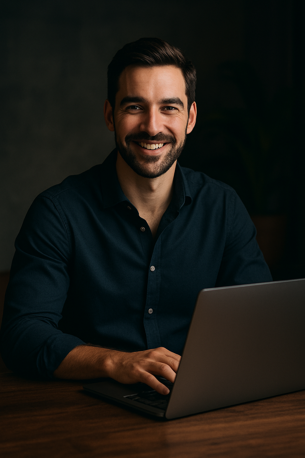 A confident man smiling while sitting at a wooden desk with a laptop in front of him, in a warmly lit, cinematic setting.