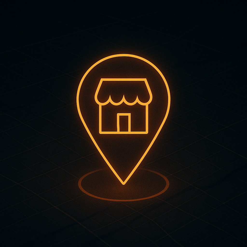 A glowing orange map pin shaped like a storefront icon placed on a dark map background, illuminated in a cinematic square format.
