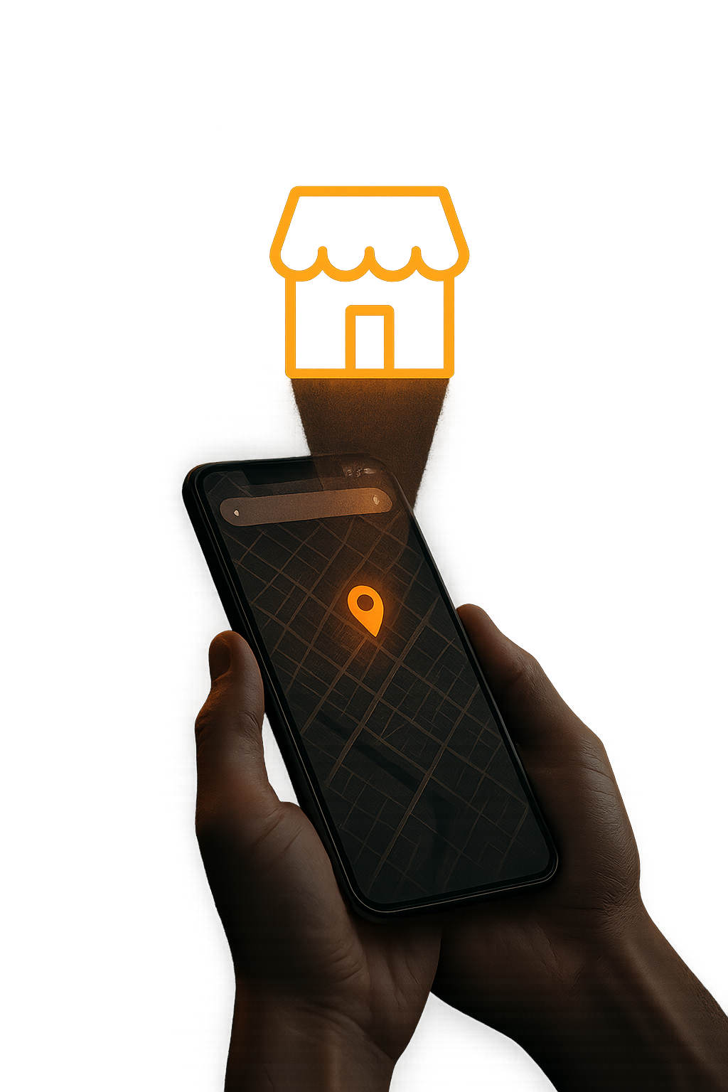 A hand holding a smartphone displaying a dark-themed map with a glowing orange location pin, projecting a holographic storefront icon above the screen.