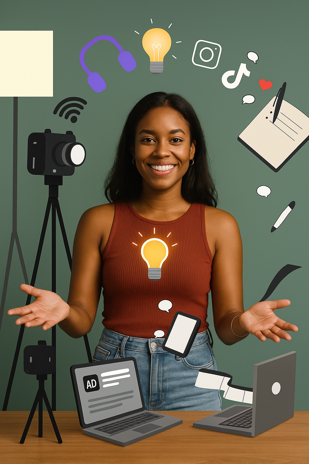 A smiling young woman stands confidently surrounded by cartoon-style icons of digital content tools like a camera, softbox, social media logos, notepad, and laptop, representing content creation and marketing services.