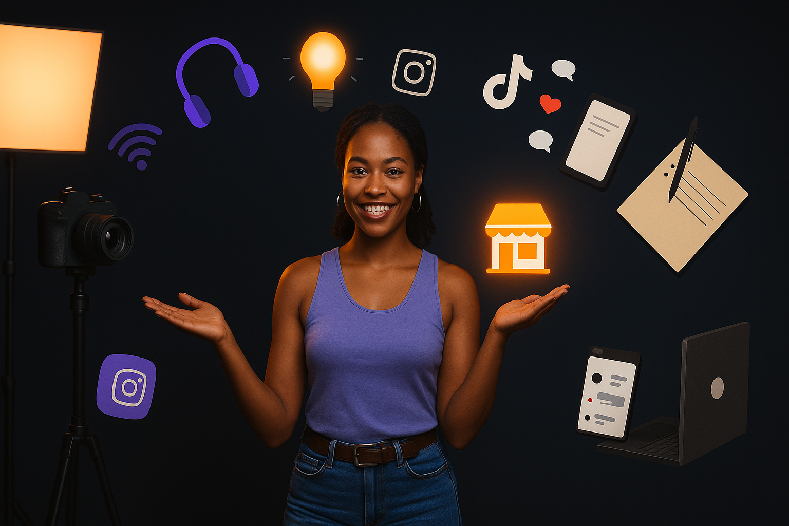 A smiling young African American woman stands confidently in a dark studio, surrounded by content creation icons like a camera, softbox, social media logos, and a glowing orange storefront symbol.