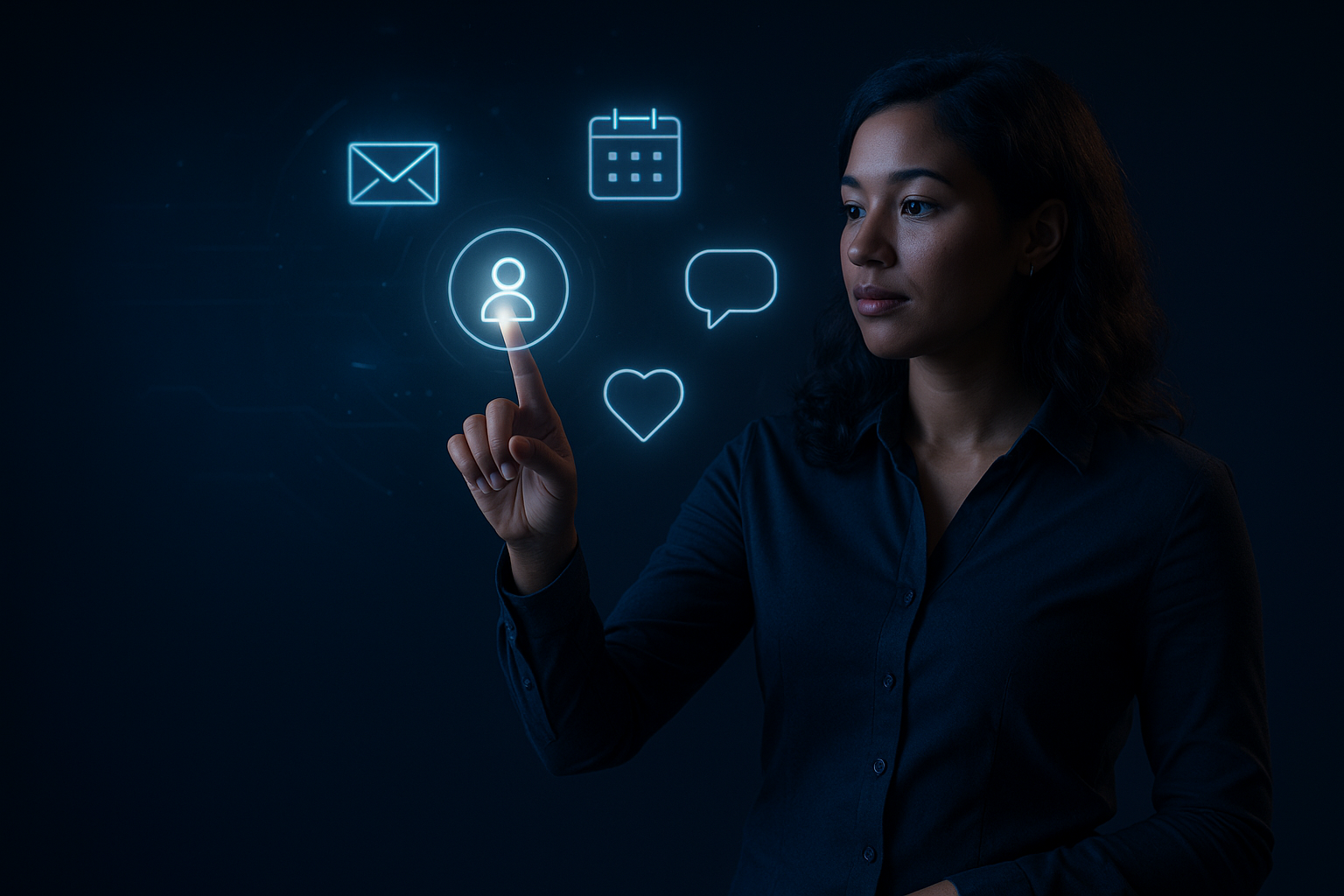 A woman in a dark studio environment touches a glowing digital icon representing a user profile, surrounded by floating blue icons including an email, calendar, chat bubble, and heart, symbolizing digital funnel optimization.