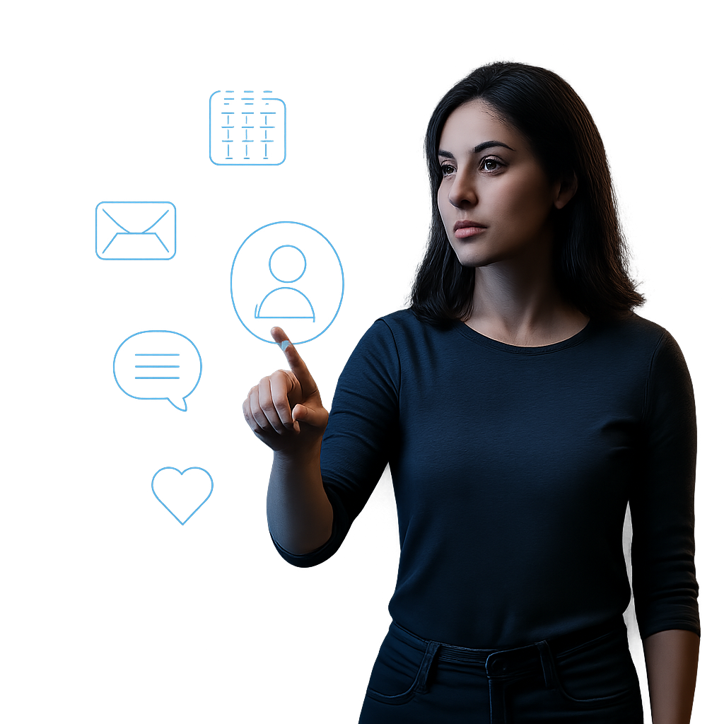 A young woman in a dark outfit interacts with a glowing blue holographic user icon on a transparent background, surrounded by other floating icons like email, calendar, chat, and heart symbols.