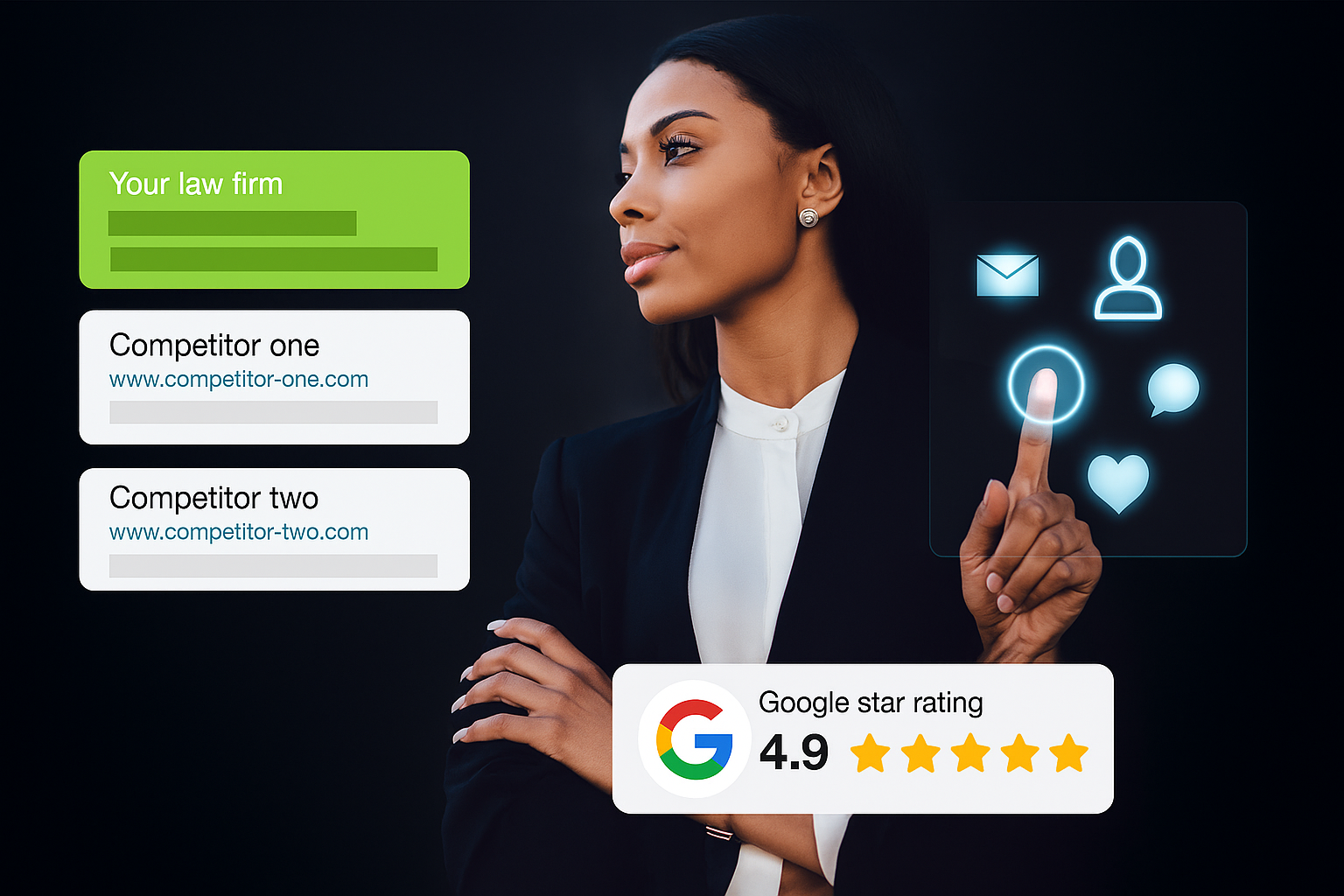 A confident businesswoman stands against a dark background, with search result boxes showing her law firm ranked above competitors and a 4.9-star Google rating prominently displayed, symbolizing strong online reputation management.