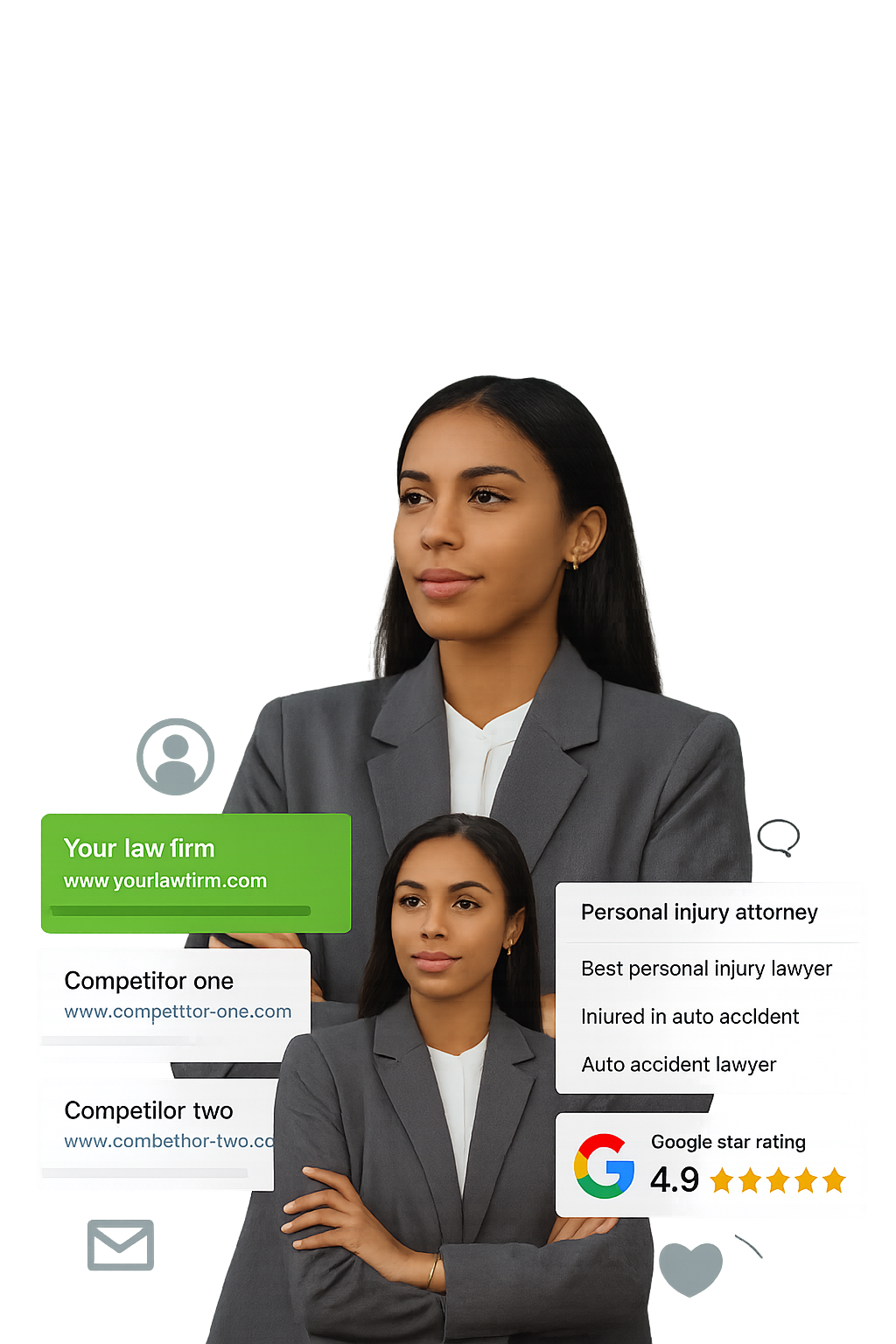 A professional woman in a gray blazer stands confidently with arms crossed, surrounded by digital overlays showing her law firm outranking competitors in search results, a high Google star rating, and relevant service keywords — all set against a transparent background.