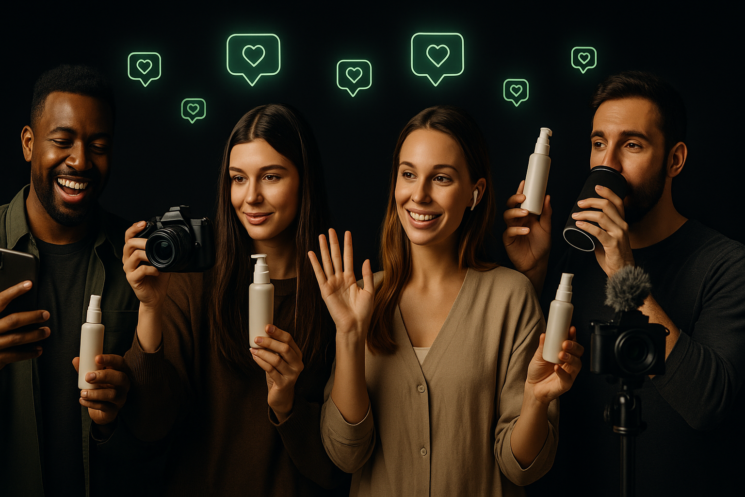 Four diverse influencers smile and engage with cameras while holding skincare products, set against a dark background with glowing green heart icons in chat bubbles, symbolizing user engagement and product promotion.