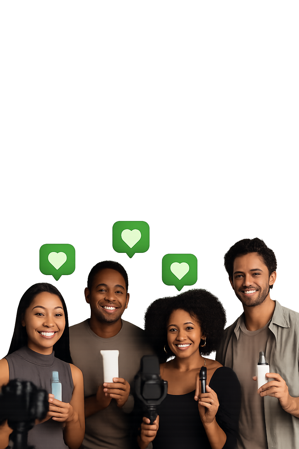 Four smiling influencers of diverse backgrounds hold skincare products in front of camera equipment, with glowing green heart icons floating above them against a dark transparent background, leaving ample blank space at the top.