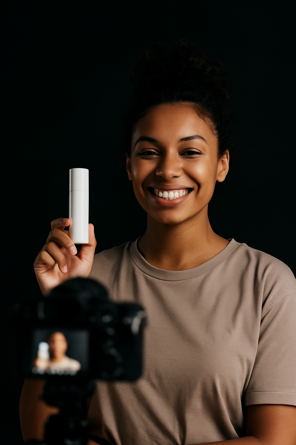 A smiling young African American woman holds a white skincare product in one hand while looking directly at the camera, with a DSLR camera recording her in the foreground, all set against a dark background.