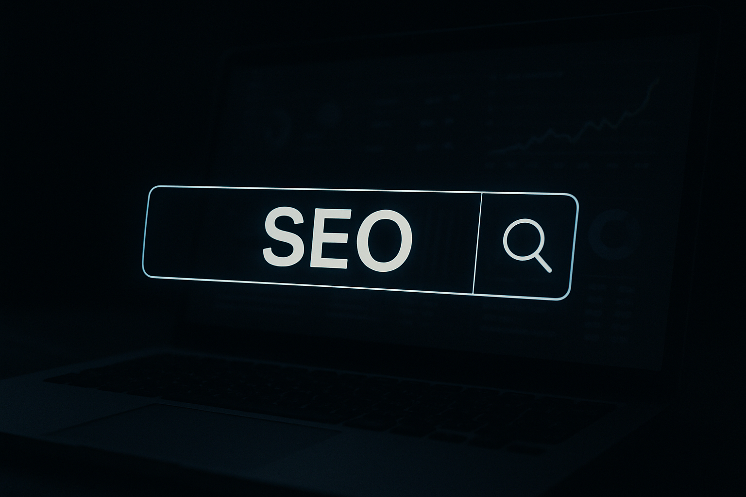 Dark-themed image featuring a glowing search bar interface floating over a laptop, symbolizing SEO optimization and digital growth.