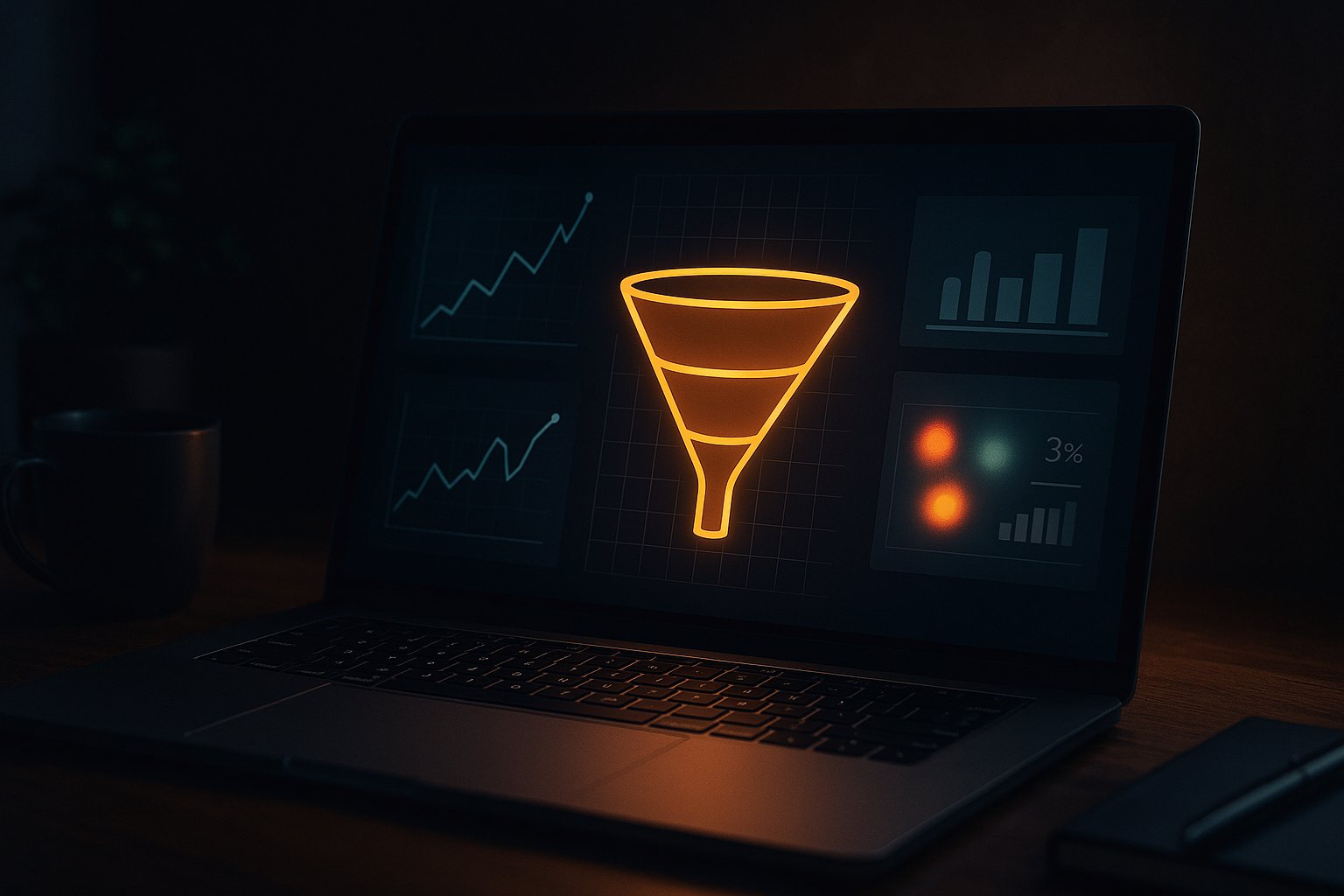 A glowing funnel icon with performance graphs and heatmap visuals on a dark digital dashboard.