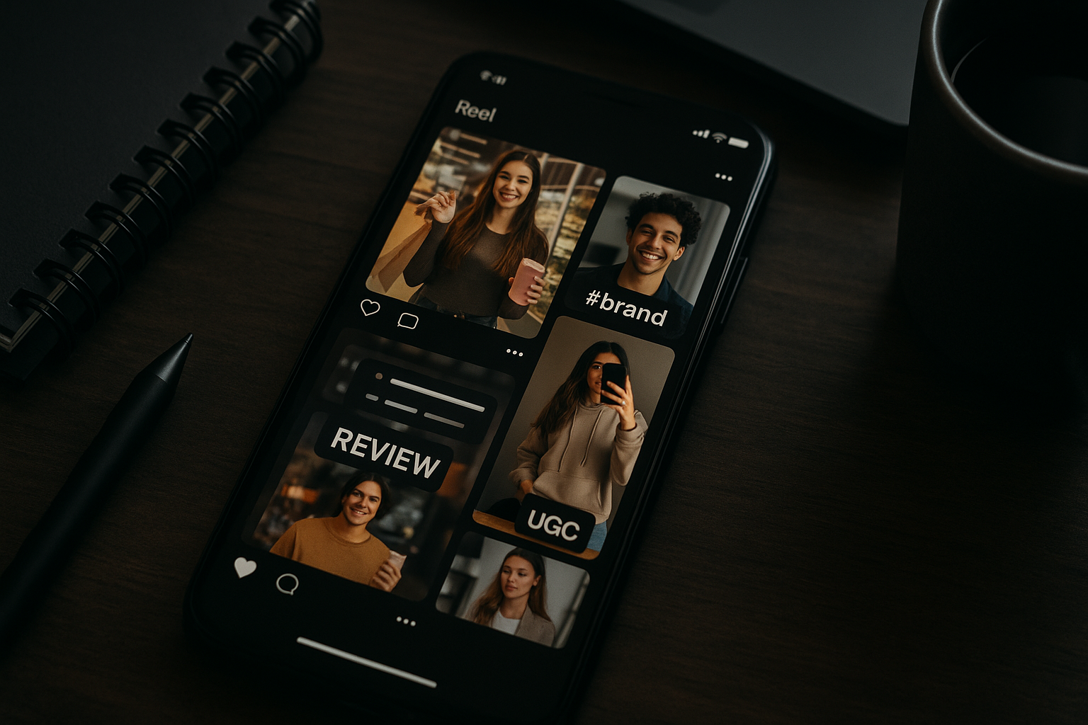 Smartphone screen displaying reels, influencer posts, and user-generated content cards on a dark theme.