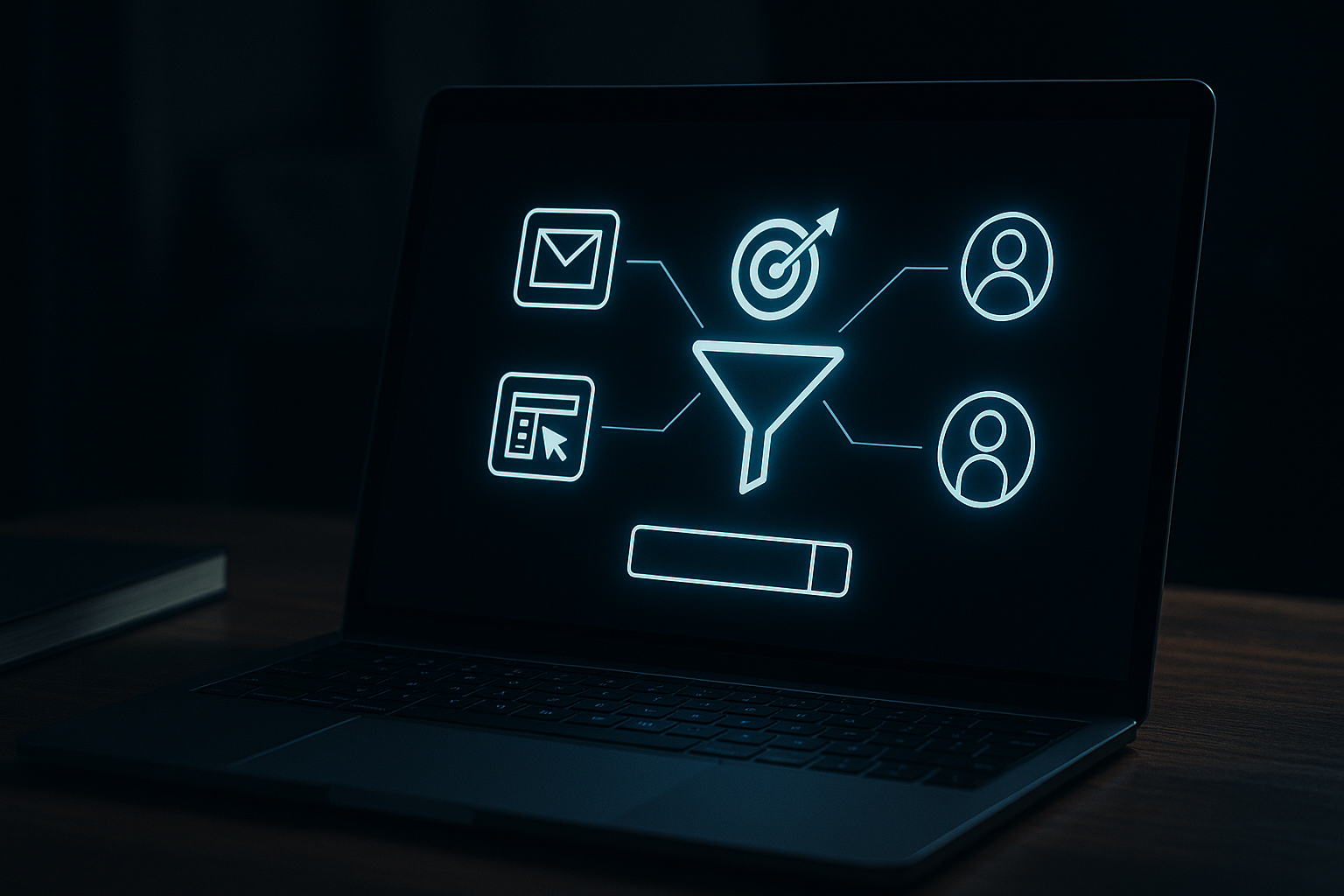 A dark-themed laptop screen glowing with icons of email, landing page, ad campaign, and conversion funnel — representing digital lead generation.