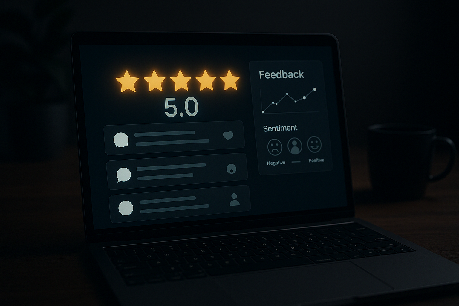A glowing digital star rating dashboard on a dark screen, showing customer reviews, sentiments, and feedback icons.