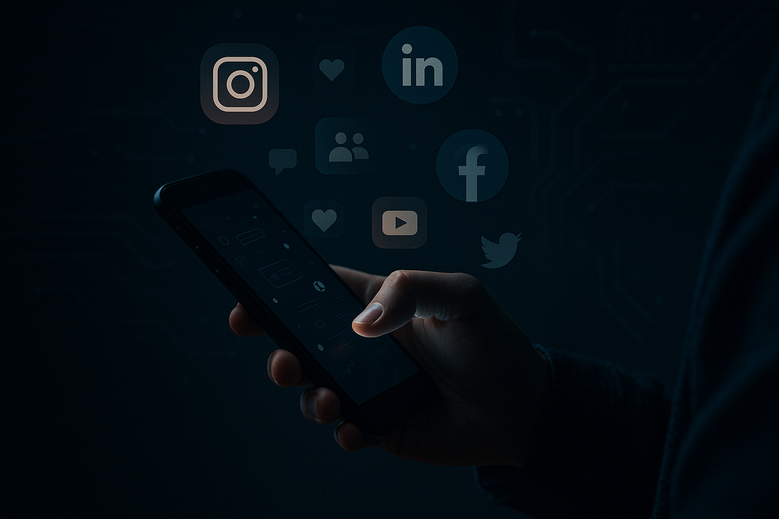 Dark aesthetic image of a person scrolling on a mobile phone with social media icons floating around, symbolizing digital engagement and marketing reach.