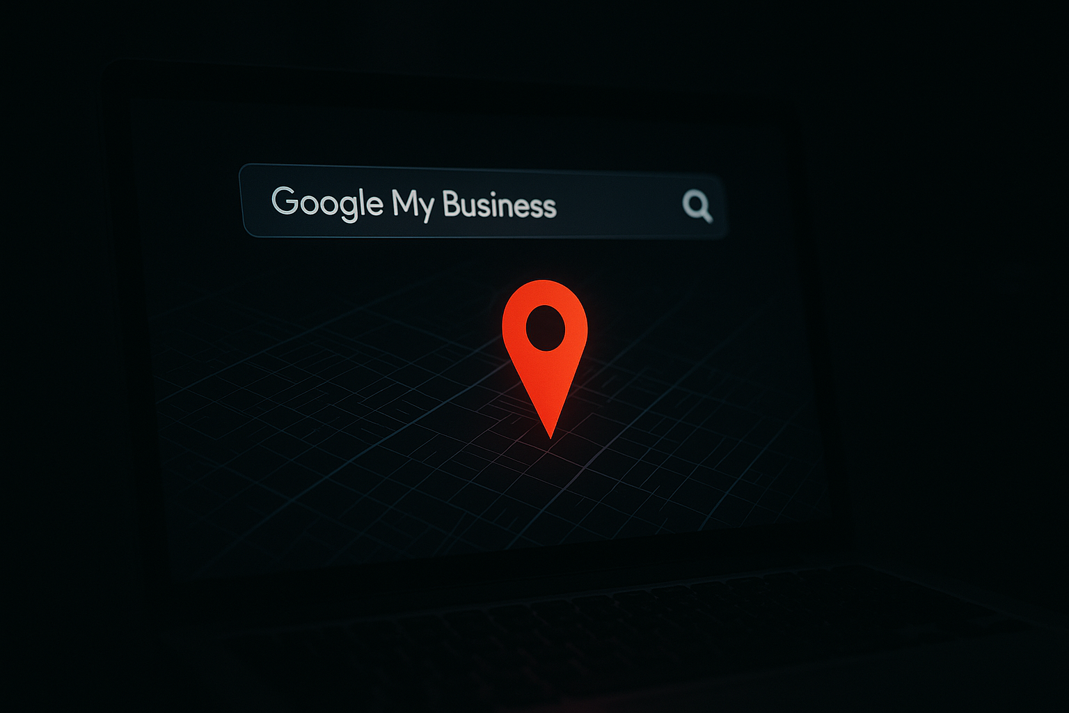 A dark-themed city map on a glowing screen with a red location pin and search bar, symbolizing Google My Business local presence.