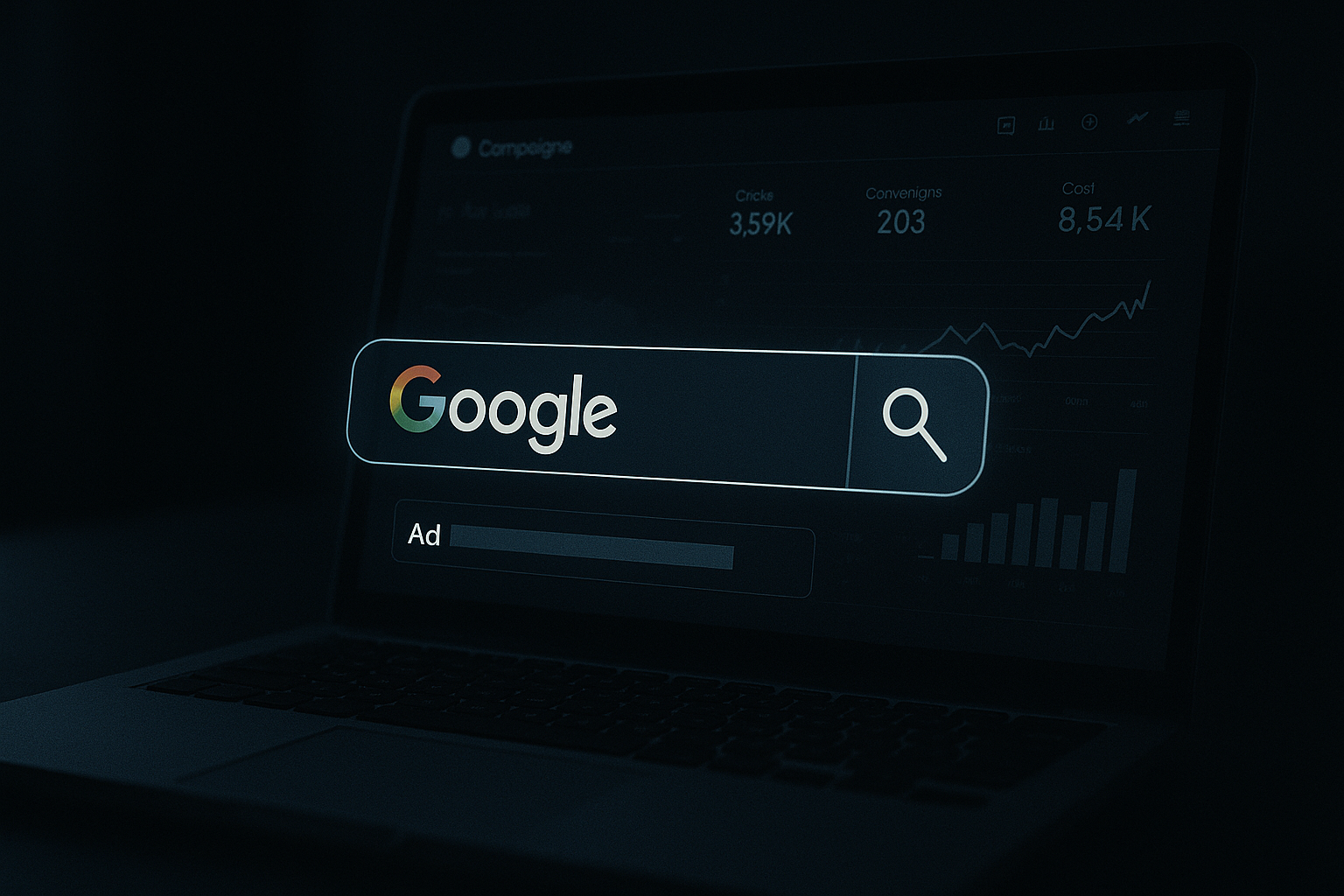 A modern laptop screen displaying a Google search ad dashboard in a dark-themed workspace, symbolizing data-driven SEM performance.